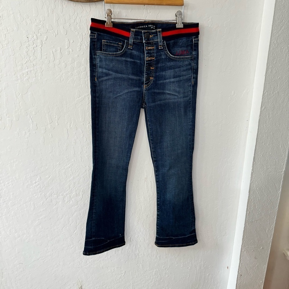 Veronica Beard Ankle Carolyn 10” Baby Bootcut Red Blue Elastic Waist Trim 26 - Picture 3 of 13
